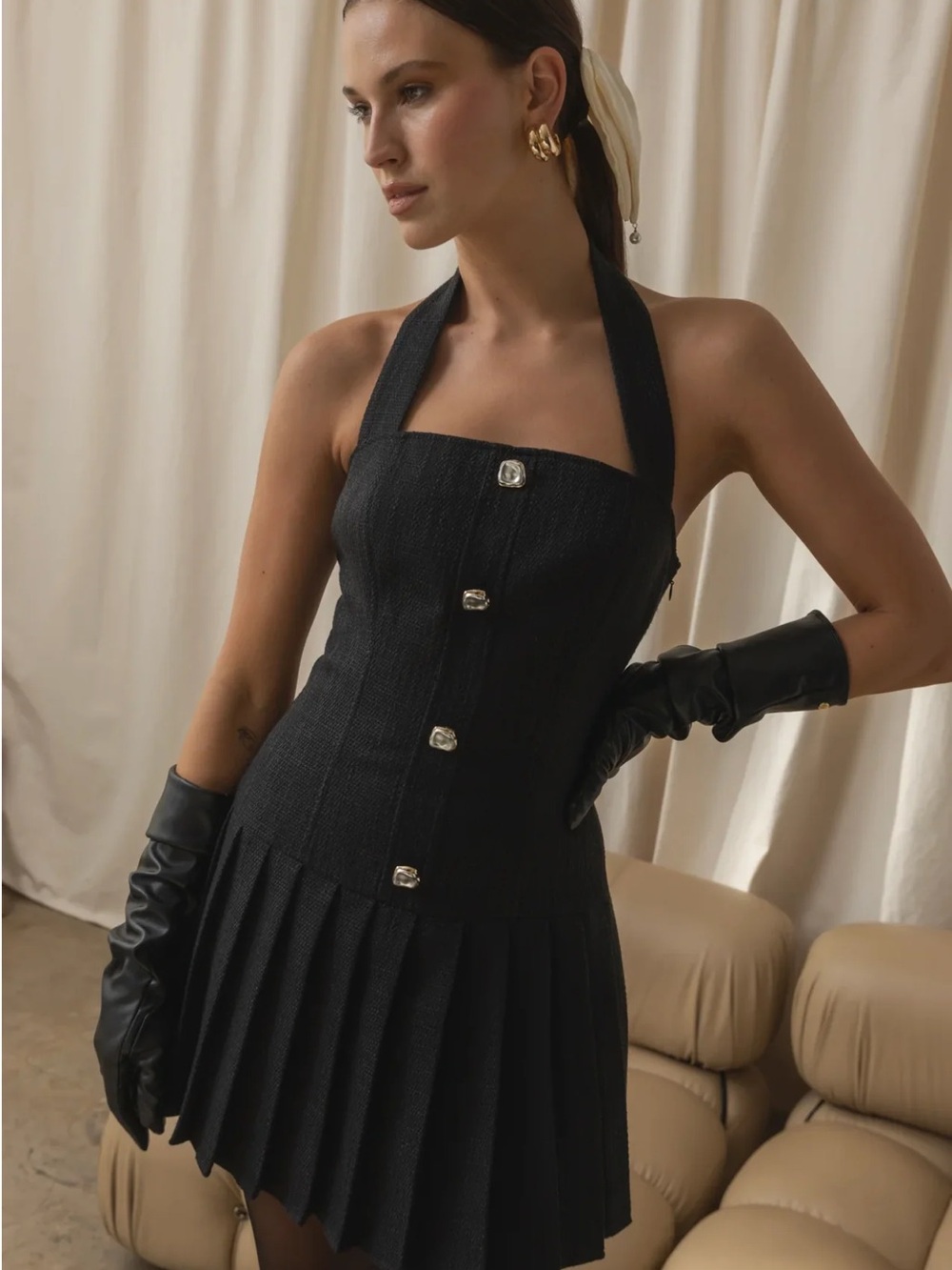 Line & Dot Dafani Black Halter Pleated Mini Dress